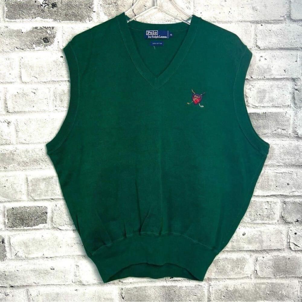 Polo Ralph Lauren Vintage Sweater Vest Mens XL Green Embroidered Golf V-Neck 90s